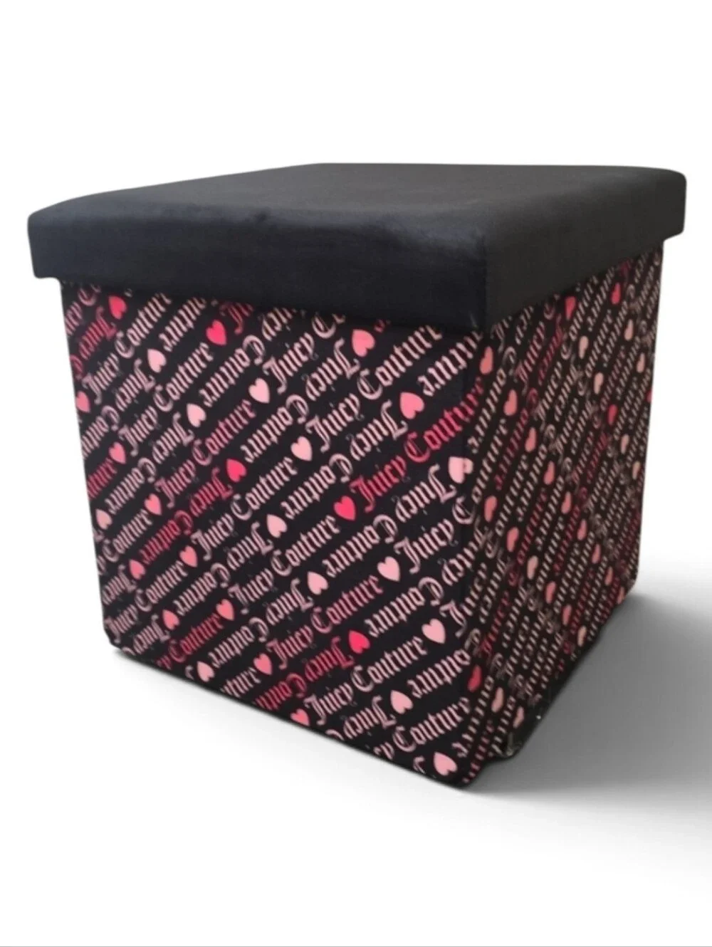 Juicy Couture Black Storage Ottoman with Pink Heart Logo Pattern